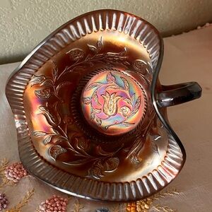 Vintage Dugan Tulip & Vine Carnival Glass Nappy Bowl Marigold Iridescent